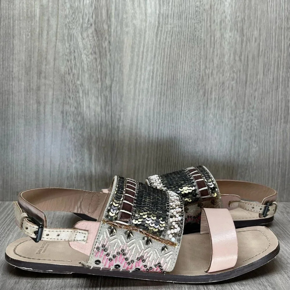 ZARA Basic Sandals Size 40 US 9.5 Boho Sequin Embellished Slingback Flats Pink - Picture 2 of 11